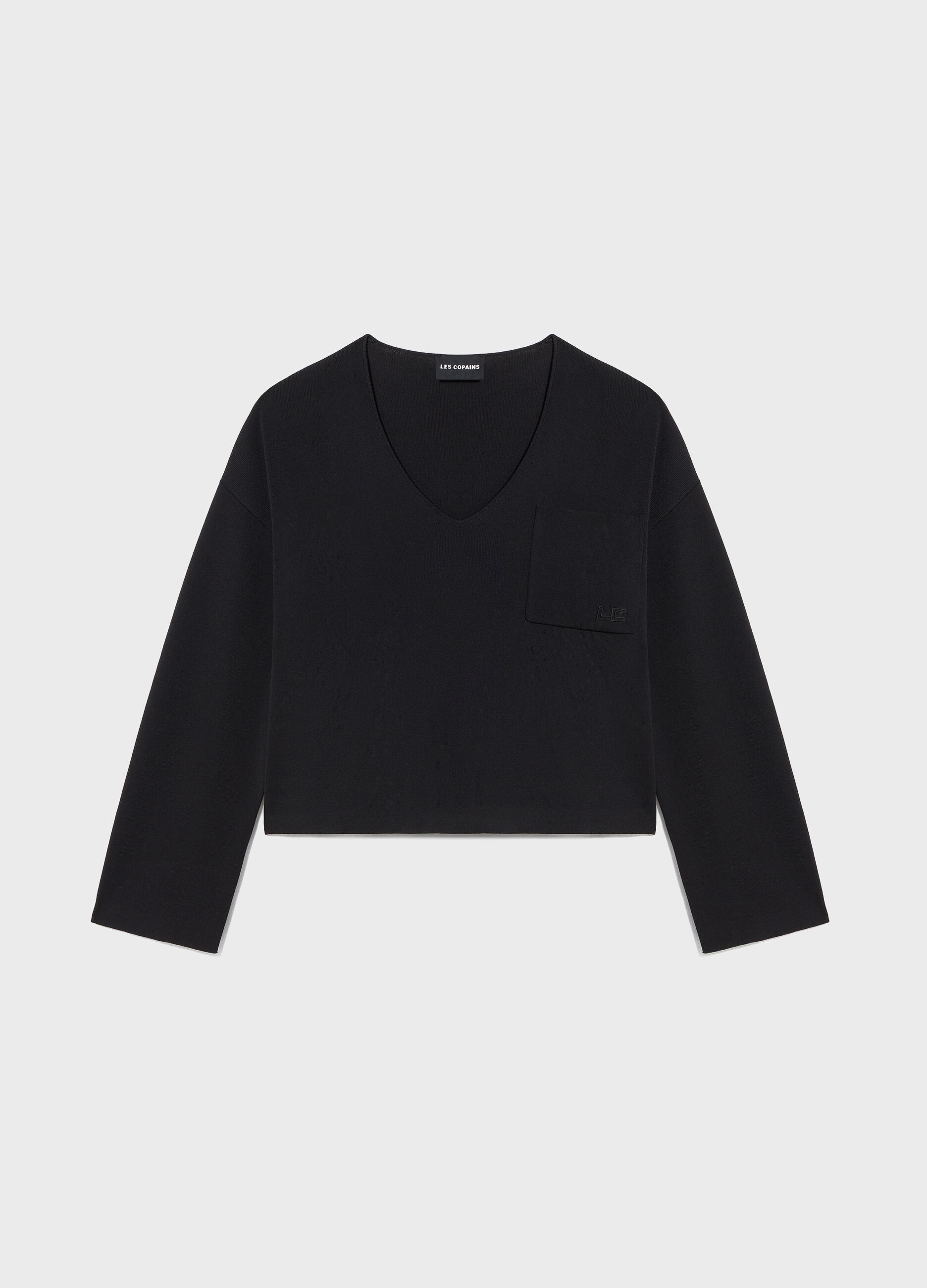 Black viscose blend V-neck tricot sweater_4