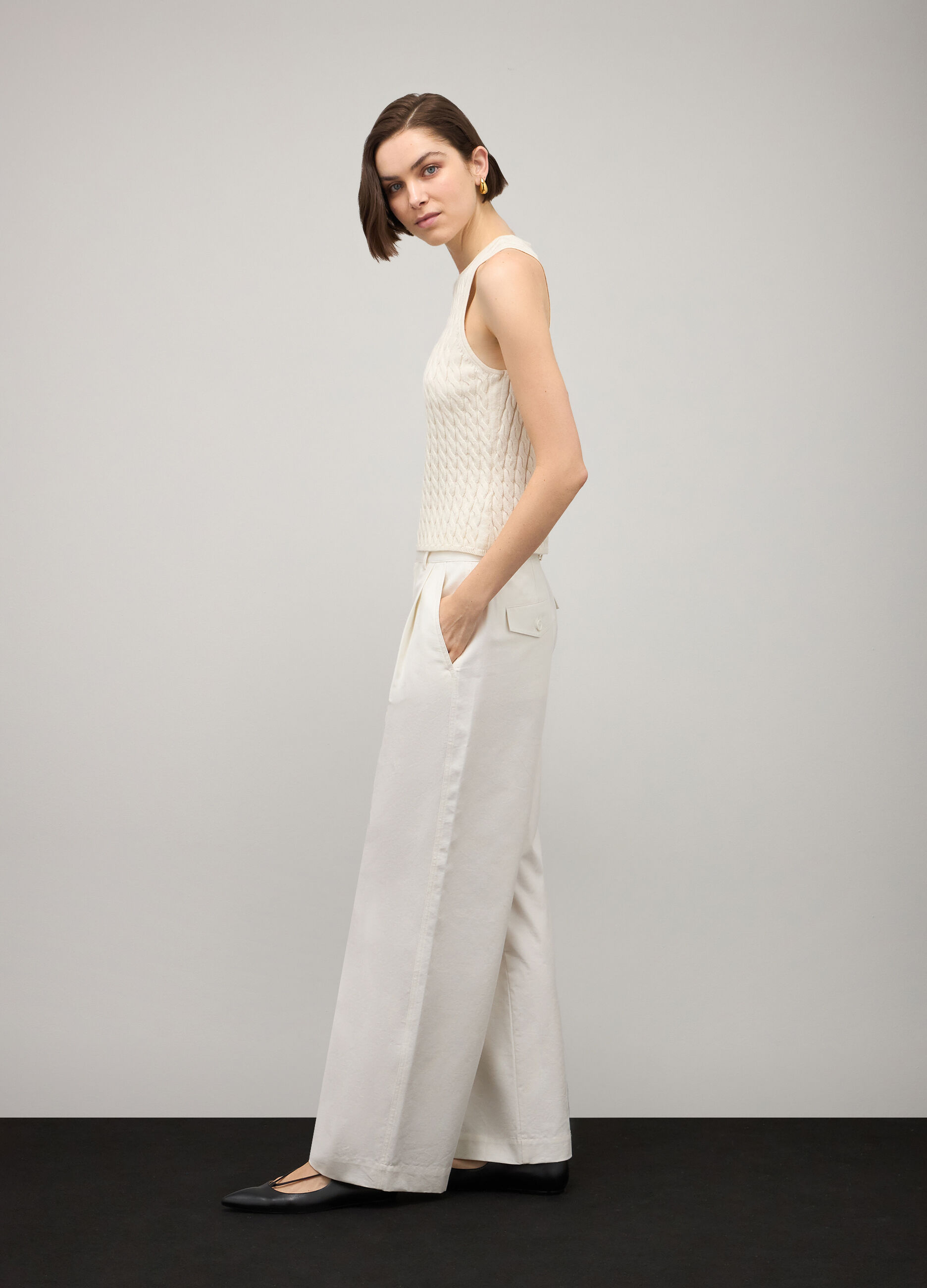 White cable-knit tank top in cotton and silk_0